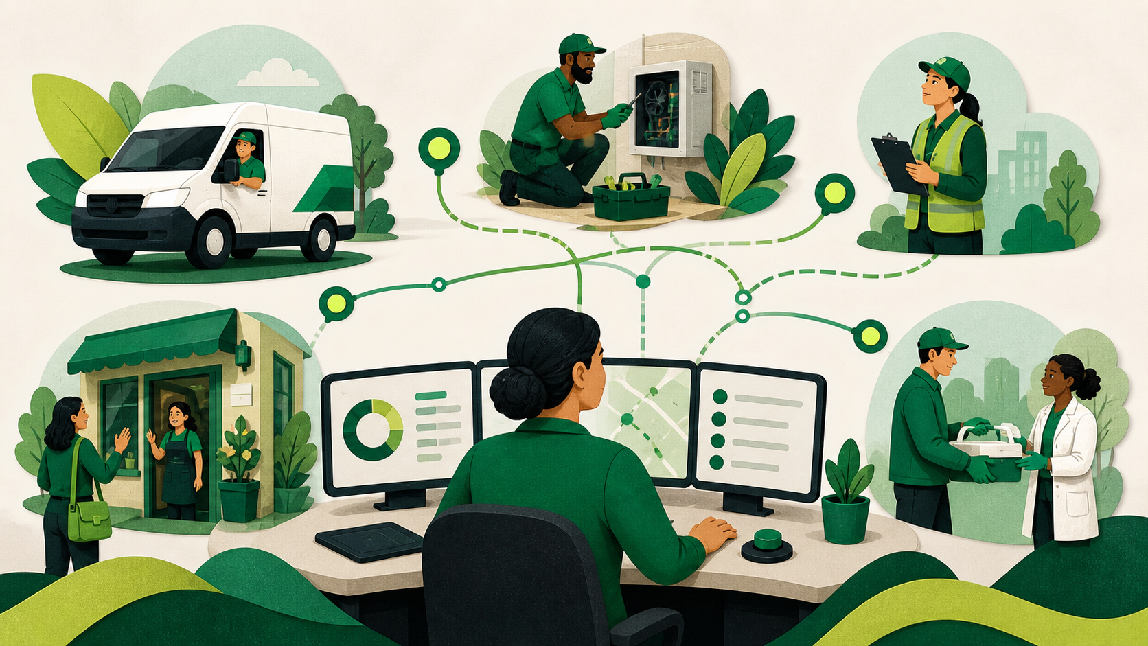 An operations coordinator orchestrates delivery, service, inspections, field sales, and sample collection from one connected operation.