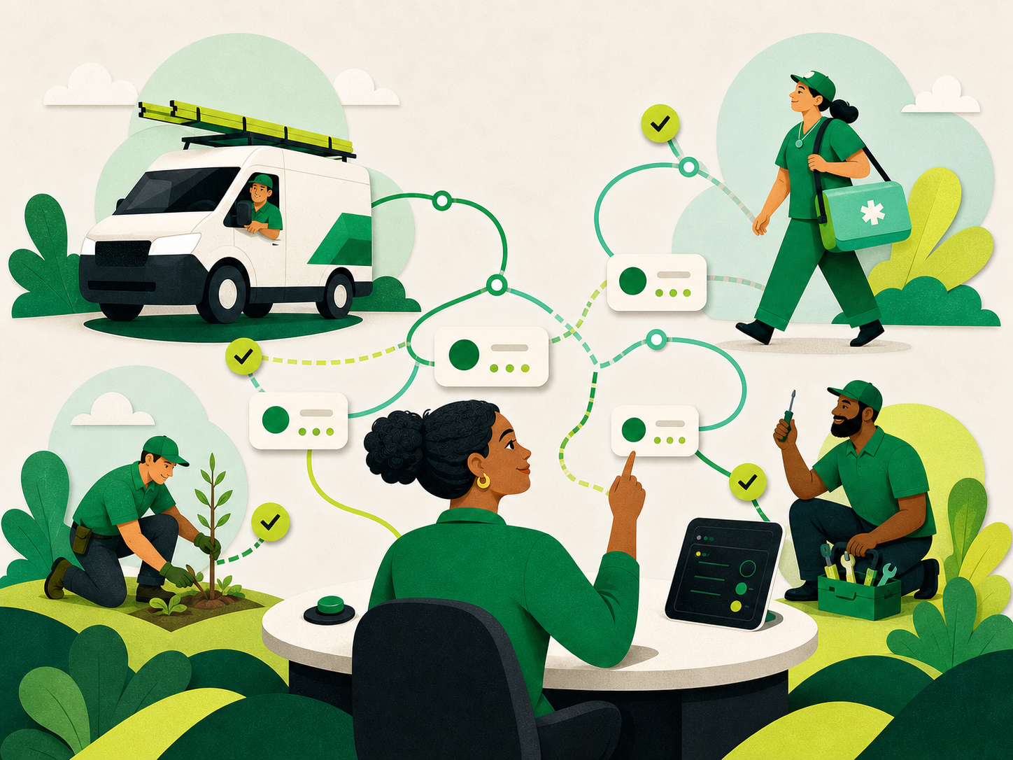 An operations coordinator orchestrates connected delivery, service, and field work from one place.