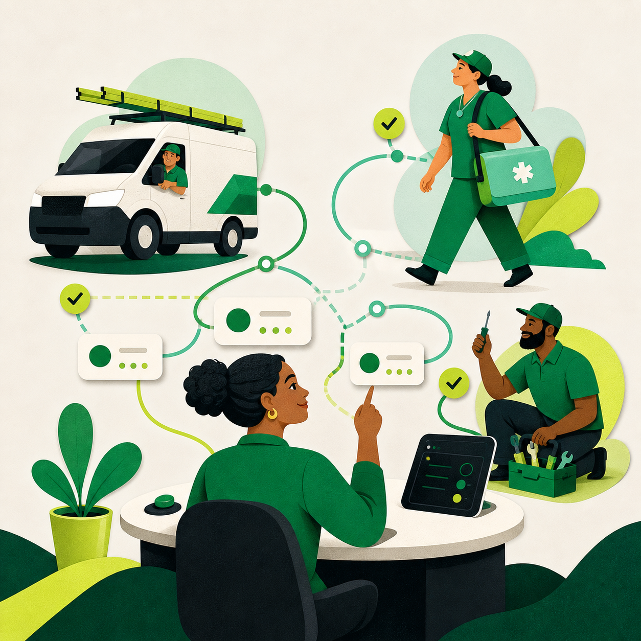 An Okpilot operations leader calmly coordinating a service van, a healthcare professional, and a field technician from one control point.
